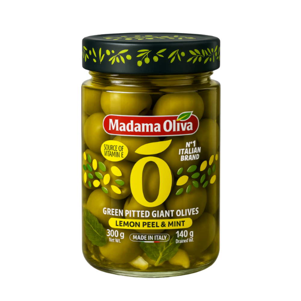 Madama Oliva Green Pitted Giant Olives – Lemon Peel & Mint 300g