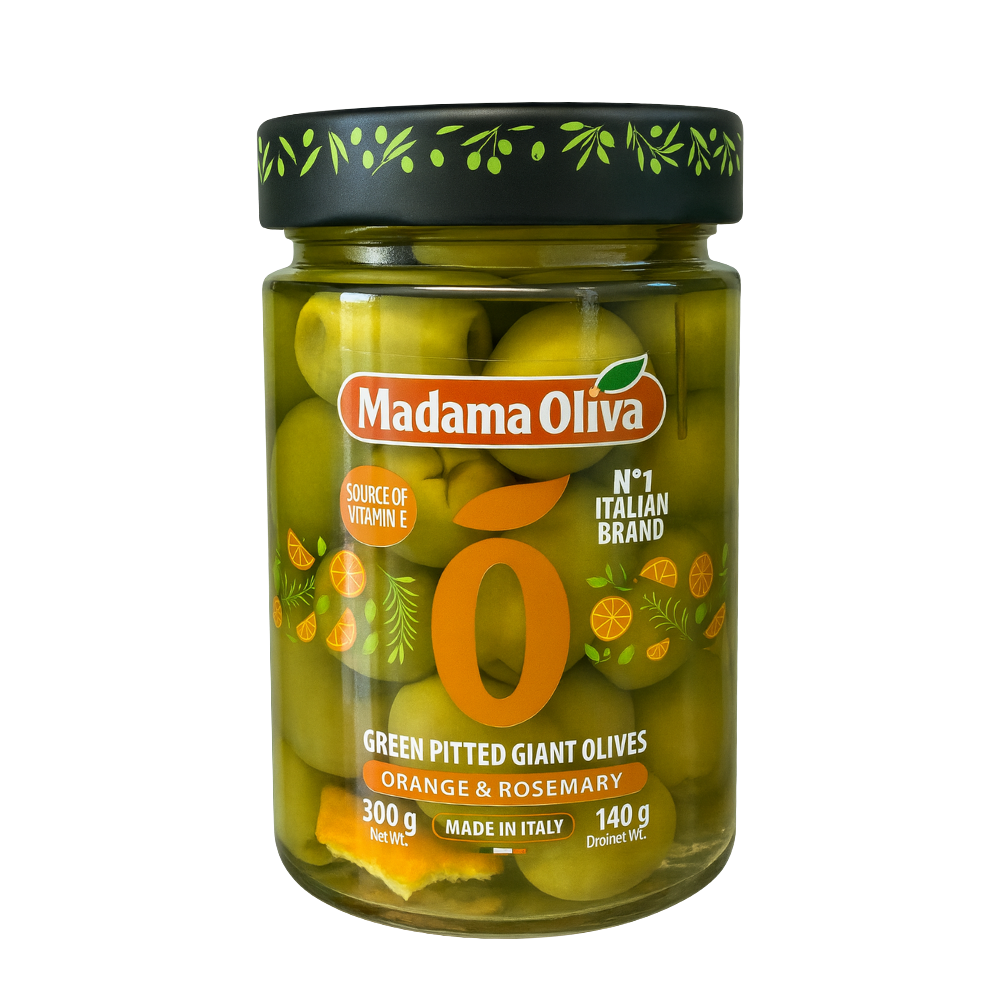 Madama Oliva Green Pitted Giant Olives – Orange & Rosemary 300g