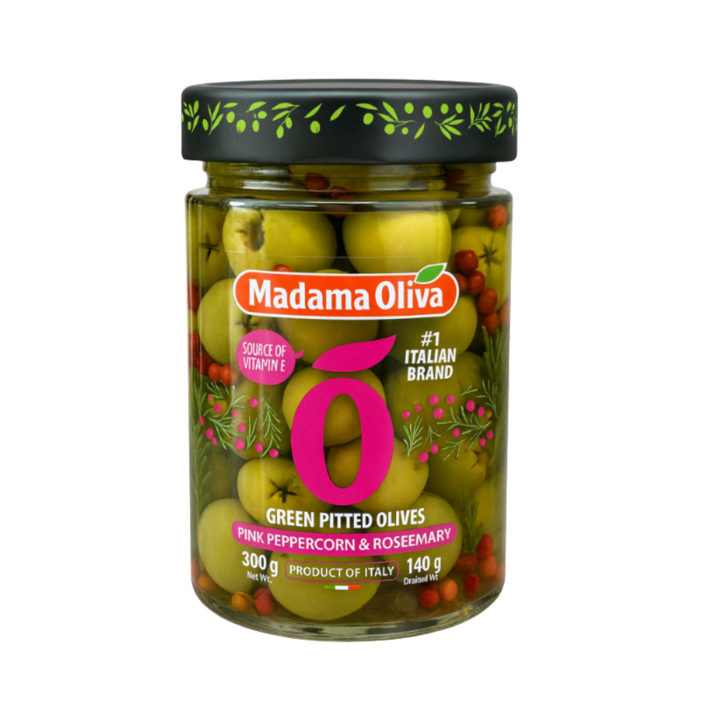 Madama Oliva Green Pitted Olives – Pink Peppercorn & Rosemary 300g