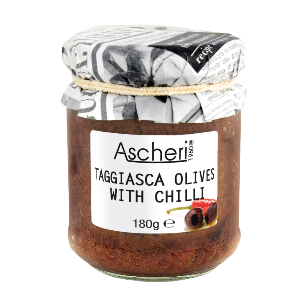 Ascheri Pitted Taggiasca Olives With Chilli 180g jar