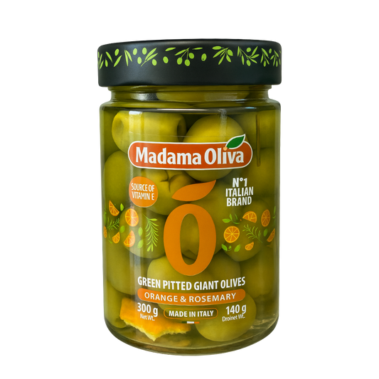 Madama Oliva Green Pitted Giant Olives – Orange & Rosemary 300g