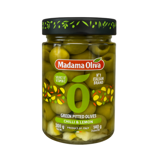 Madama Oliva Green Pitted Olives – Chilli & Lemon 300g